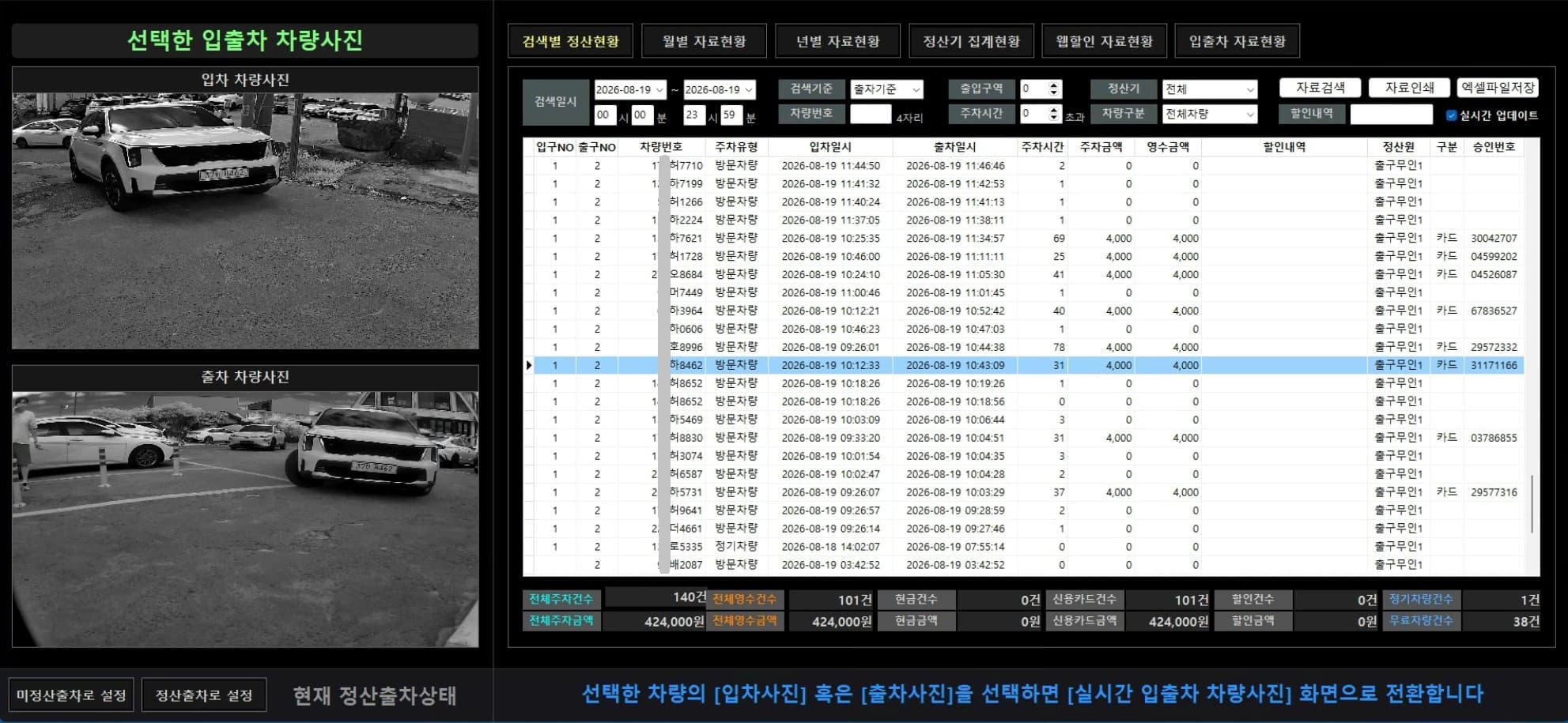 애월한담주차장의 실제 관제 화면. 넓은 공간의 주차 차량과 꺾여 나오는 출차 동선을 함께 볼 수 있습니다.